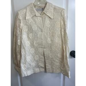 Vintage Chessa Davis Ivory Lace Blouse Sheer Button Front Collared  90s